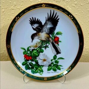 Danbury Mint Green and Gold Decor Plate with Bird Accents Mockingbird